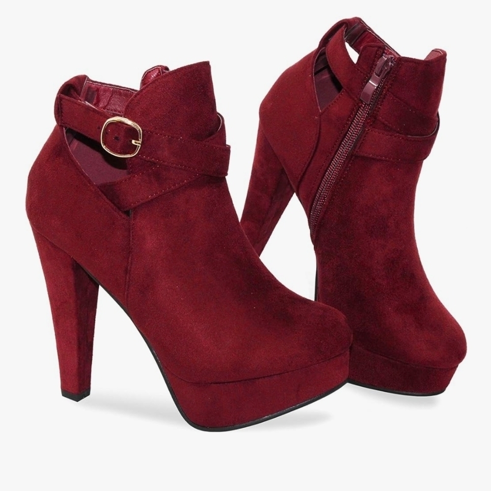 VEGAN! 4.5" High Heel Strappy Platform Ankle Booties, Women Size 9, Burgundy Red